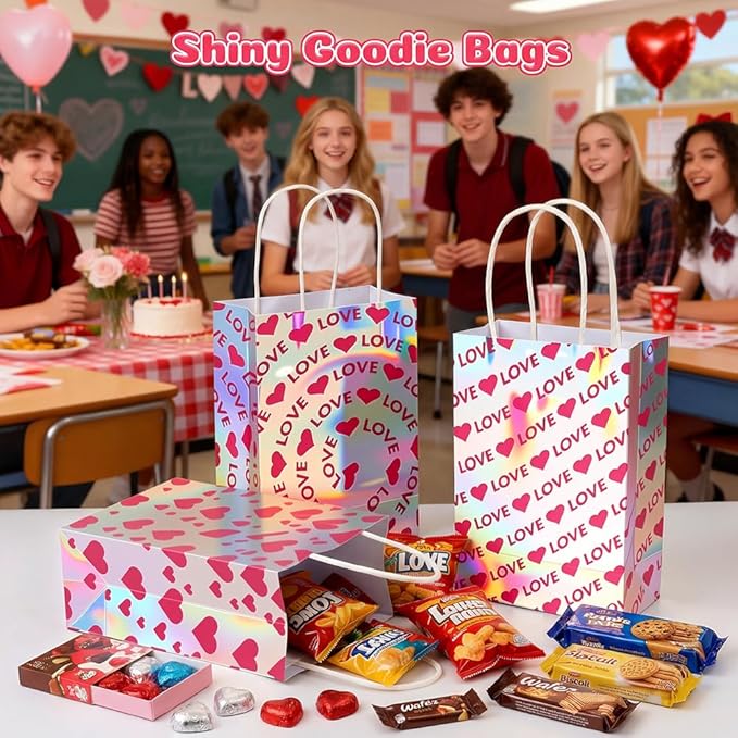 Shintop 24Pcs Iridescent Gift Bags with Handles, Small Holographic Mothers Day Goodie Bags Reusable Paper Party Favor Pouches Bulk for Valentine & Birthday Parties (8.3 x 5.9 x 3.1 in)