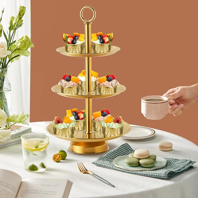 3 Tier Gold Metal Cupcake Stand Holder,Stainless Steel Cup Cake Stand Tower with Tiered Serving Tray and Base for Parties,Weddings,Birthdays and Any Festivals and Celebrations(with Base)
