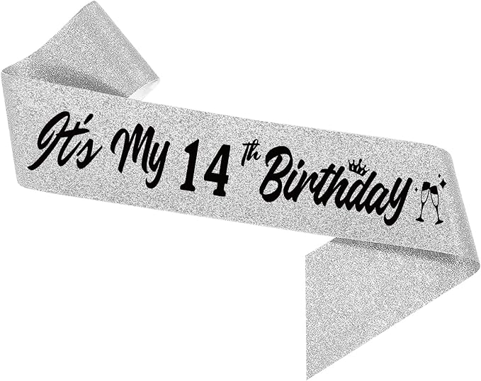 It's My 14th Birthday Sliver Sash - Sparkling Happy Fourteen Satin Sash for Girl -14 Years Old Birthday Party Decorations