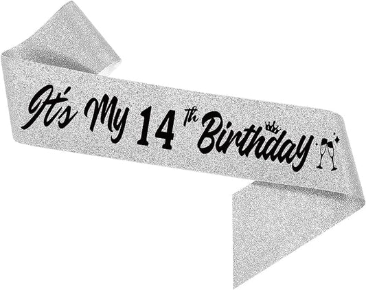 It's My 14th Birthday Sliver Sash - Sparkling Happy Fourteen Satin Sash for Girl -14 Years Old Birthday Party Decorations
