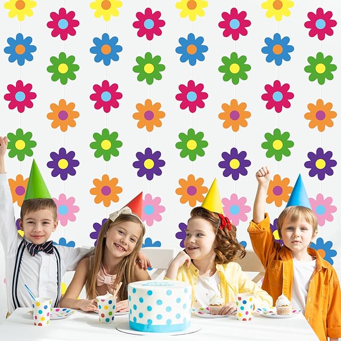 Pasimy 8 Pcs Daisy Boho Party Decorations Groovy Daisy Paper Garlands White Flower Hanging Garland Banner Hippie Flower Cutouts for Birthday Shower Wedding Party Favor Supplies(Tie Dye,Colorful)