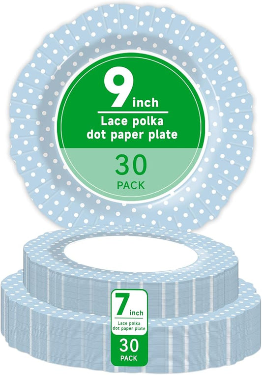 Stylish Paper Plates 60 Count,Eco Compostable Plates Disposable,Small Paper Plates 9 inch and 7 inch set Light Blue Plates for Party,Birthdays Weddings Picnics,Easter or Daily Use