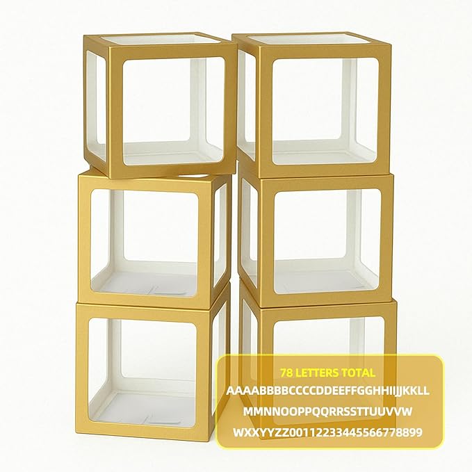 Voircoloria Baby Balloon Boxes Decorations With 78 Letters, 6 Gold Boxes for Custom Baby Shower Wedding Graduation Birthday Gender Reveal Decorative Blocks(6PCS Gold)