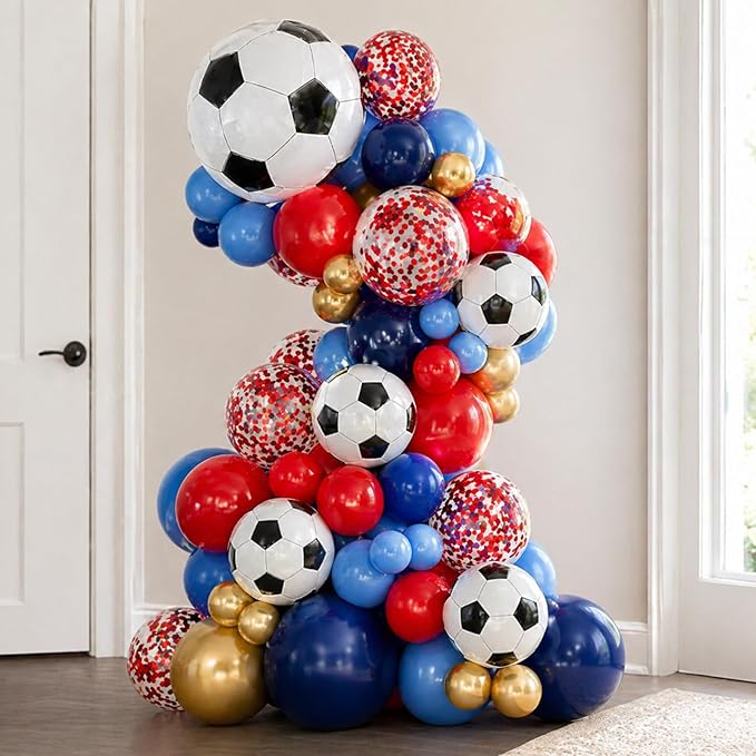 Soccer Balloons, 12Inch Blue Red Gold Soccer Printed Latex Balloons, Navy Royal Blue Red and Metallic Gold Helium Balloon with Confetti Balloon for Sport Football Theme Boy Men Birthday Party Decor