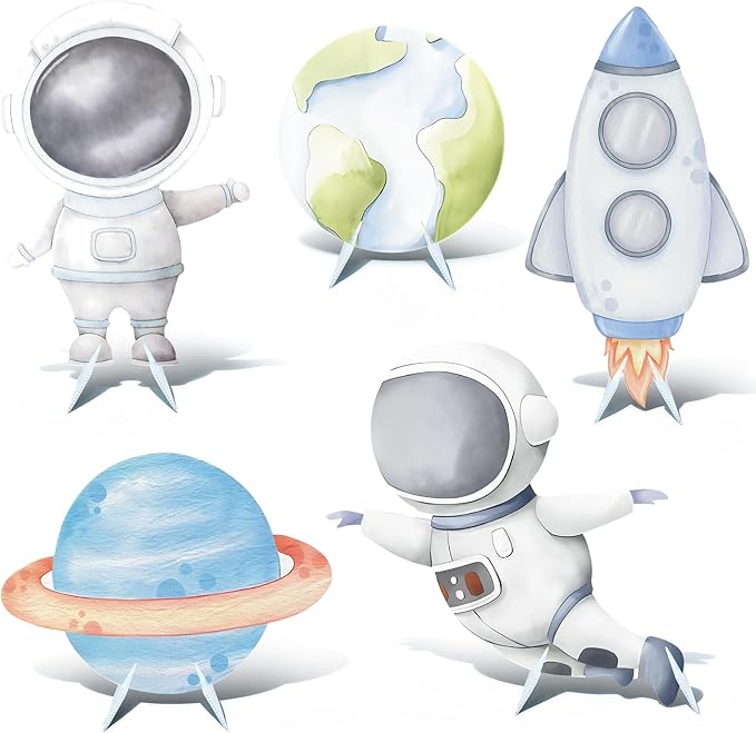 5 Pcs Outer Space Baby Shower Decorations, Astronaut Rocket Planet Earth Cardboard Cutouts Standups, Space Themed Photo Booth Props Signs for Kids Birthday Party Outdoor Yard Lawn Decor