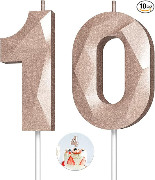Number Birthday Candles(10 Candle Rose Gold) 3D Diamond Shape Number Happy Birthday Cake Candles for Birthday Party Wedding Decoration Reunions Theme Party