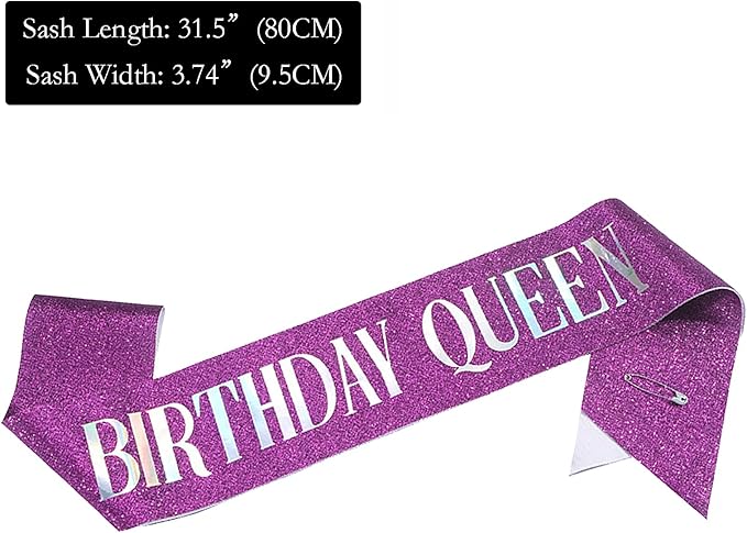 Birthday Queen Sash, Dazzle Foil Letter Glitter Purple Birthday Sash for Women Girl 21st 30th 40th 50th 60th Gifts Funny Bday Gifts Party Favors Photo Prop