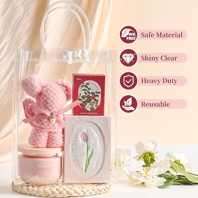 Jutieuo 24 PCS Clear Gift Bags with Handles, 7.9 x 9.8 x 3.2 Inch Inches Reusable Plastic Goodie Bag Transparent Party Favor Bags Bulk for Weddings Birthdays Events, Classrooms & Celebrations