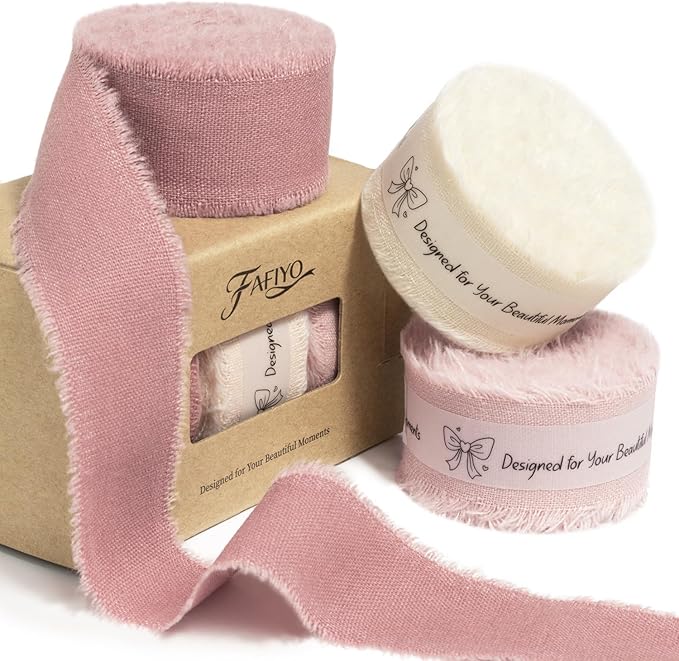 Pink & Ivory Cotton Ribbon 1 Inch Dusty Pink, Soft Pink & Cream 3 Rolls 21 Yards Frayed Edge Fabric Set for Rustic Wedding Decor, Engagement Party, Bridal Bouquet Wrap & Gift Wrapping