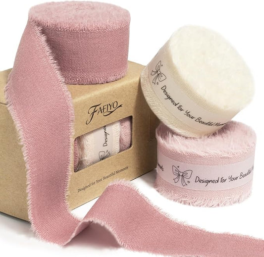 Pink & Ivory Cotton Ribbon 1 Inch Dusty Pink, Soft Pink & Cream 3 Rolls 21 Yards Frayed Edge Fabric Set for Rustic Wedding Decor, Engagement Party, Bridal Bouquet Wrap & Gift Wrapping