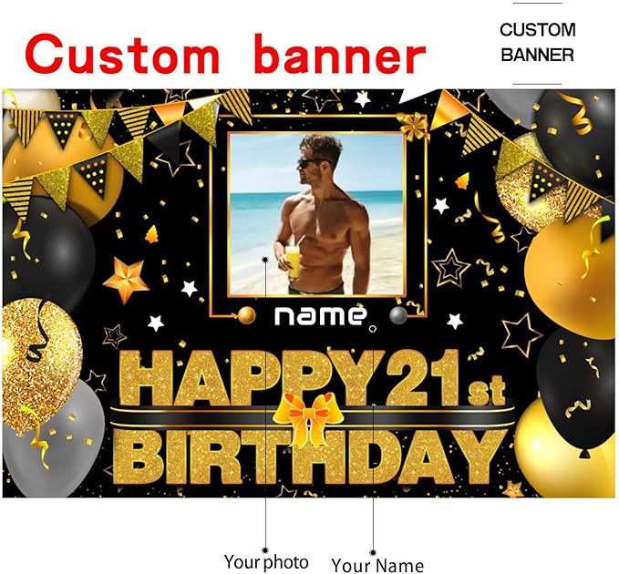 Personalized Black and Gold Decoration Banner for Custom Photos and Names - Happy 21st Birthday Celebration Supplies