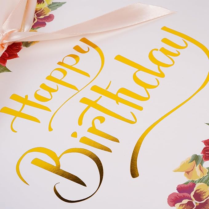 Jaywayang Large Happy Birthday Gift Bag with Card Envelope and Tissue Paper for Women Girls - 12.6"x10"x5.1" Floral Design with Ribbon Handles.
