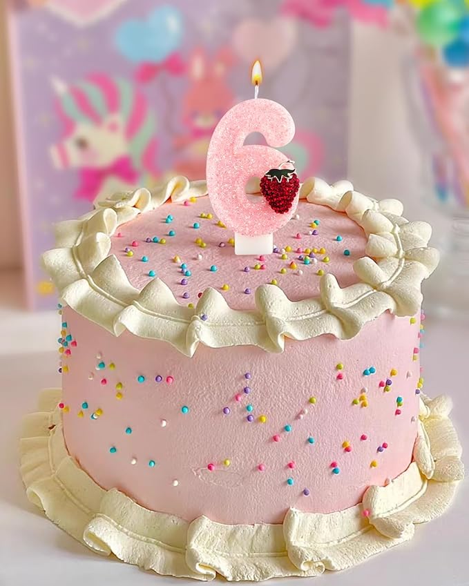 Birthday Candles for Cake, Pink Number Candles, Cake Candles with Greeting Card for Birthday Party Wedding Anniversary Celebrations (Strawberry 6 Candle)