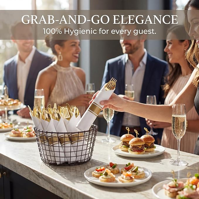 Liacere 100Pack Pre Rolled Gold Silverware and Napkin-Disposable Gold Plastic Utensils-Wrapped Plastic Cutlery Set with Napkin:100 Forks,100 Knives,100 Spoons,100 Napkins for Wedding & Graduation