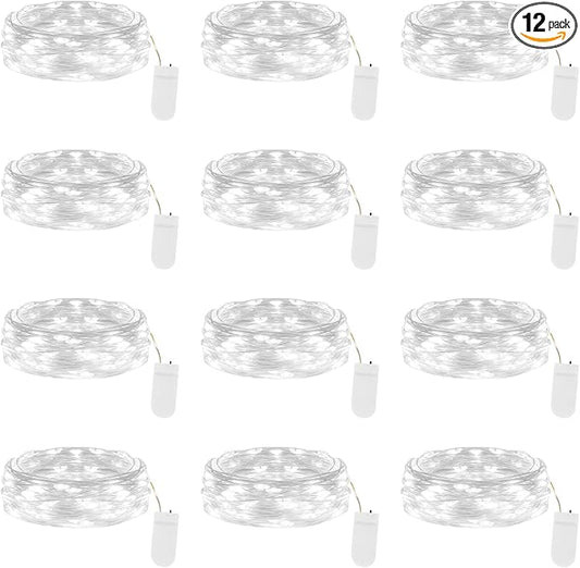 Lakumu 12-Pack Fairy Lights, 7FT 20 LED Battery Operated String Lights, Waterproof Silver Wire Firefly Lights, Cool White for Mason Jars DIY Bedroom Wedding Party Centerpiece Table Decor