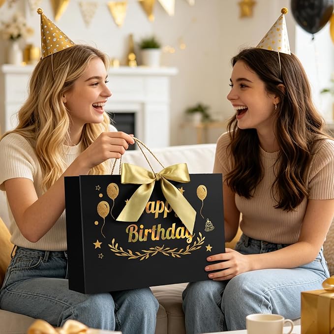 JMANNI Black Gold Happy Birthday Gift Bag with Card and Tissue Paper, 14.2"×9.84"×4.3" Large Present Bag for Men Women, Year Old Birthday Keepsake Party Supplies
