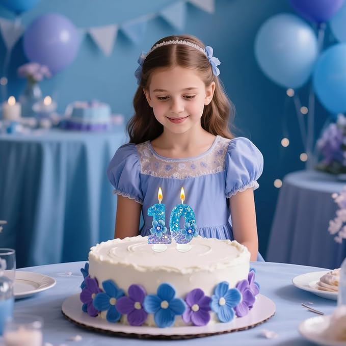 Blue Purple Flower Birthday Number Candles, Flower Theme Party Decorations, Cupcake Decorations, Suitable for Party Celebrations, Boys and Girls Birthday Decorations（10）