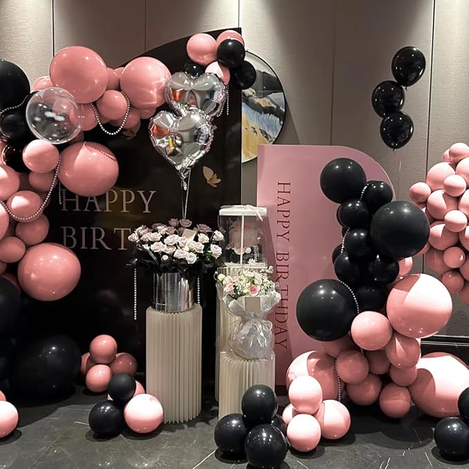 Dusty Pink Black Balloons Arch Kit, 151Pcs Black Pink and Bobo Balloons Garland 18 12 10 5 inch for Women Girls Birthday Wedding Bridal Shower Bachelorette Anniversary Party Decorations