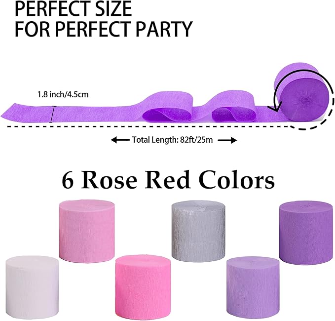 Suaxova Pastel Crepe Paper Streamers 6 Rolls 492ft, Pack of Pink Purple Silver Theme Party Streamers for Party Decorations, Birthday, Wedding, Baby Shower, Graduation, Christmas