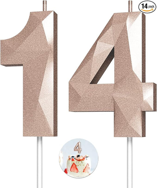 Number Birthday Candles(14 Candle Rose Gold) 3D Diamond Shape Number Happy Birthday Cake Candles for Birthday Party Wedding Decoration Reunions Theme Party