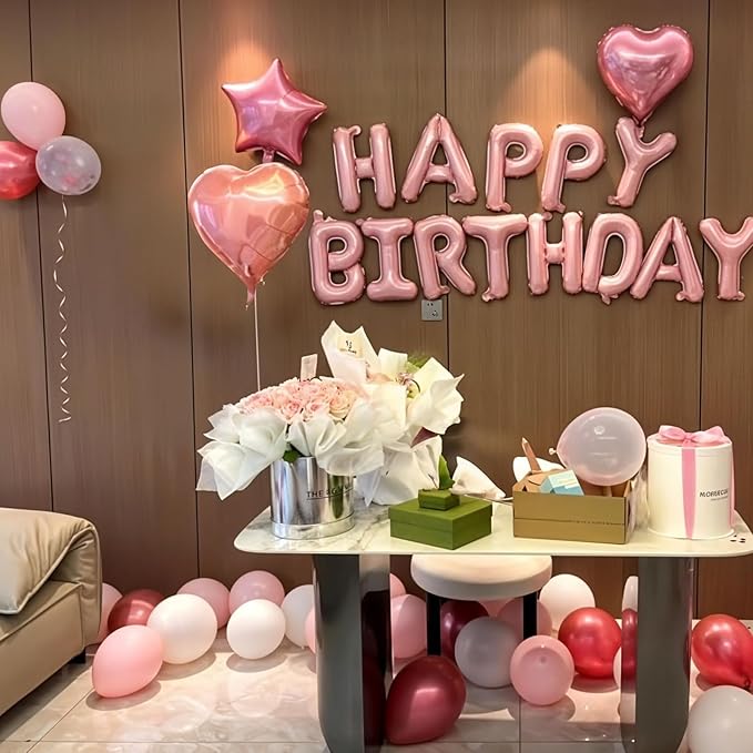 Happy Birthday Balloon Banner, 16 Inch Light Pink Mylar Foil Letter Balloons, Reusable Birthday Decorations with Pastel Pink and Silver Star Balloon, Inflatable Party Supplies for Women Girls Decor