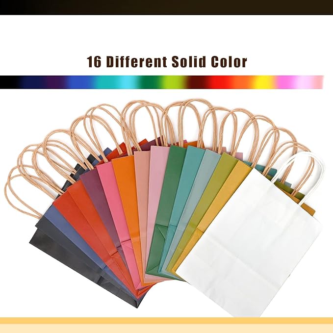 qiqee 60-Packs Paper Bags with Handles Bulk 8.26"×6"×3.15" Small Gift Bags 16 Different Senior Color Bags Multiple Uses（Small Size）