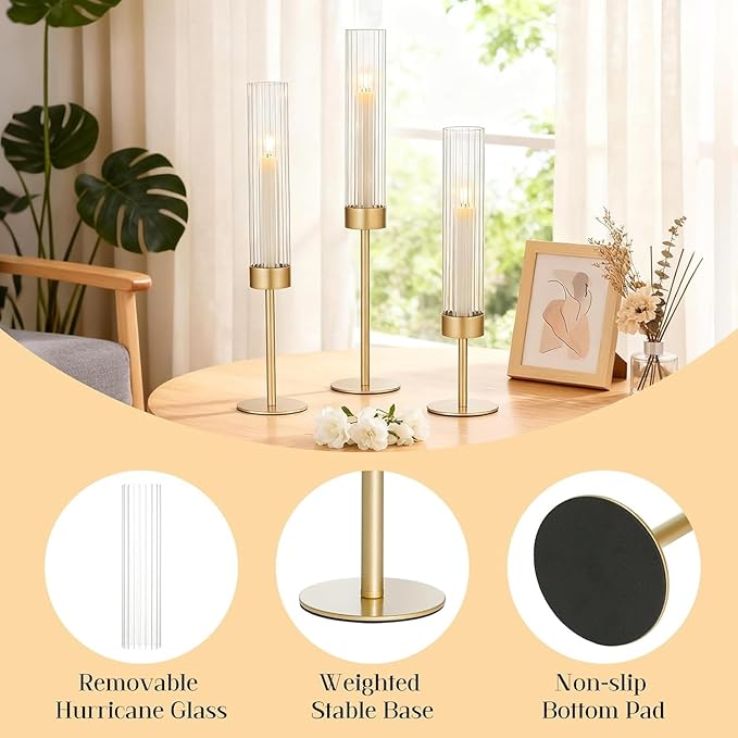 Glass Hurricane Candle Holders Set of 6,Brass Candlestick Holders,Taper Candlestick Holders,Elegant Dining Table Centerpiece for Wedding, Christmas & Home Decor-Ribbed