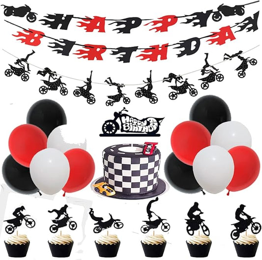 60 Pieces Dirt Bike Party Decoration Supplies - Banner, Cake Cupcake Topper for Motocross Themed Birthday - Man or Boy Riding Room Wall Decoration Motorcycle