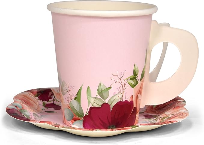 96 Pcs Floral Tea Party Supplies for 24 Disposable Tea Party Cups with Handle 7??5??Floral Paper Plates Paper Napkins for Birthday Bridal Shower
