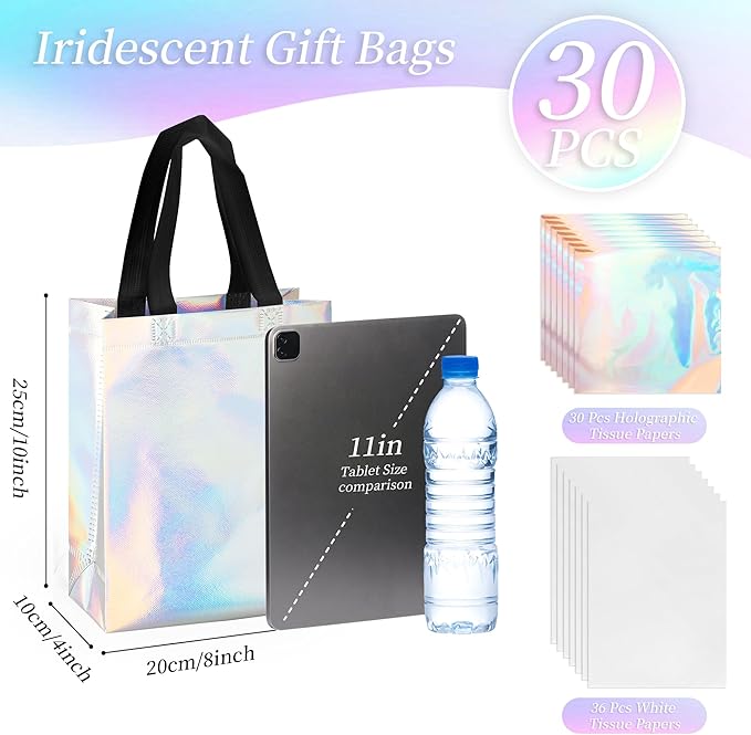 GouZaak 30 Pack Iridescent Gift Bags, Holographic Reusable Gift Bags With Black Handles And 2 Style Tissue Paper, 8 x 4 x 10 Inch Medium Size, Iridescent Party Favor Bags For Wedding Birthday Holiday