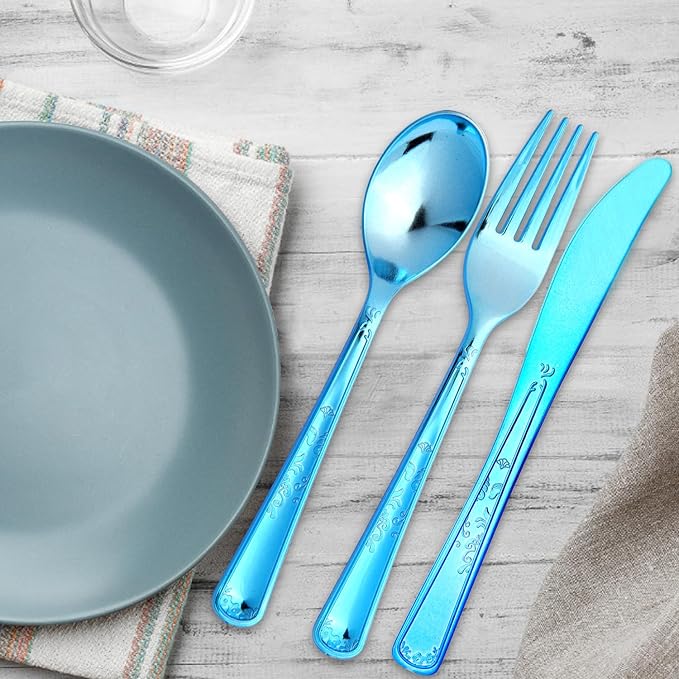 180 Pack Disposable Deep Blue Plastic Silverware Contain 60 Forks,60 Spoons,60 Knives, Solid and Durable Plastic Cutlery Utensils Set Perfect for Parties,weddings.