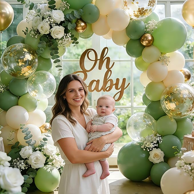 Sage Green Gold Balloons - 50 pcs 12 inch Olive Green Sand White Metallic Gold Confetti Balloons for Birthday Baby Shower Wedding Bridal Shower Party Decorations