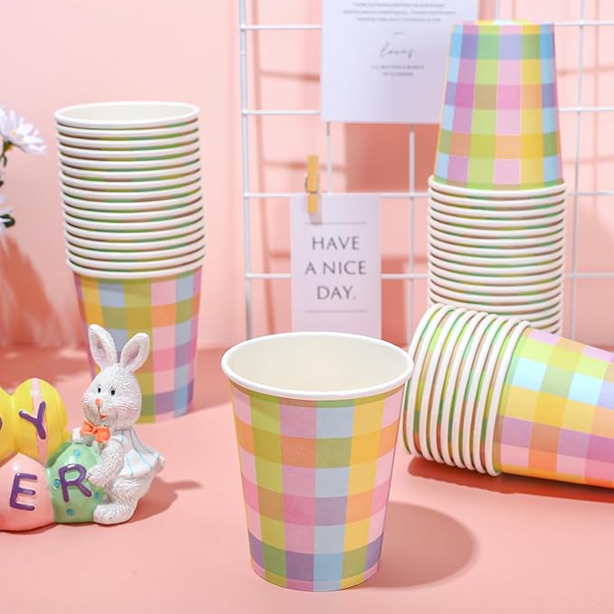 Whaline 50Pcs Easter Paper Cups Buffalo Plaid Disposable Cups Colorful Checkered Drinking Cup for Birthday Baby Shower Party Cold Hot Drinkware Tableware Decor, 9 Oz