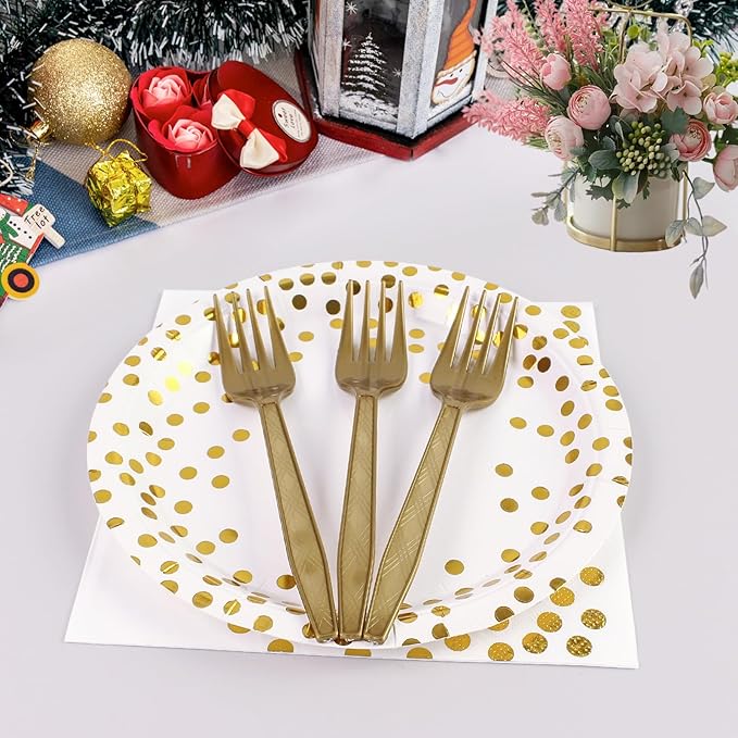 96PCS White and Gold Plates and Napkins Party Supplies, Gold Dot Disposable Party Paper Plates and Napkins with Forks Tableware Set for Wedding Baby Shower Birthday Party Decorations 24 Guests