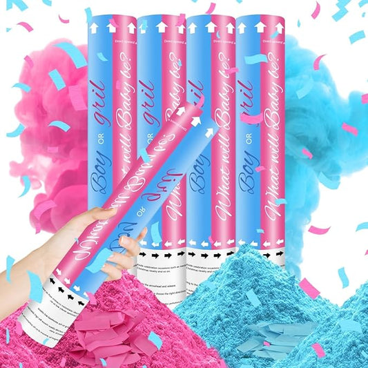Confetti Cannon Gender Reveal 12 inch Powder Confetti Poppers for Boy or Girl Set of 4 Gender Reveal Decorations Smoke Cannon Party Poppers for Gender Reveal Party Blue or Pink Confetti Powder Poppers