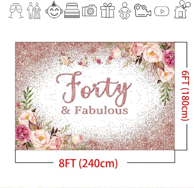 Mocsicka Forty and Fabulous Backdrop Rose Gold Floral 40th Birthday Party Photo Backdrops Happy Forty 40th Birthday Party Decorations Photography Background (8x6ft, 40th)