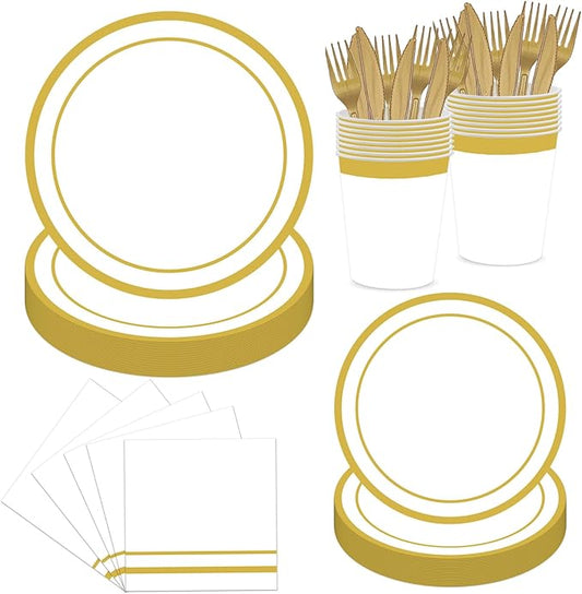 144PCS White and Gold Plates and Napkins Party Supplies Gold Disposable Dinnerware Set Include Golden Paper Dinner Dessert Plates Napkins Cups Cutlery for Birthday Wedding Bridal Shower Decor Serve 24