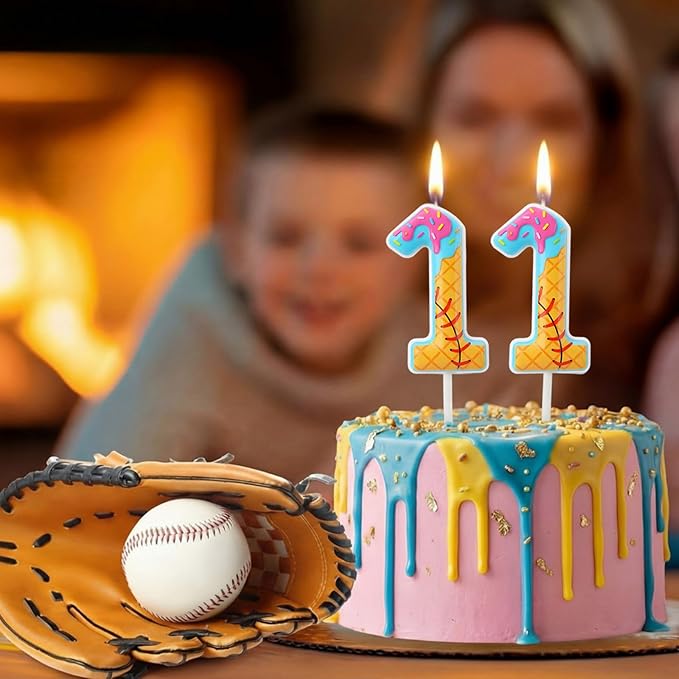 Conelist Baseball Ice Cream Drip Birthday Number Candles Baseball Drip Cake Topper Candle Cupcake Topper Decoration for Sport Theme Happy Birthday Party Favors Anniversary Supplies (2 Pcs,11th)