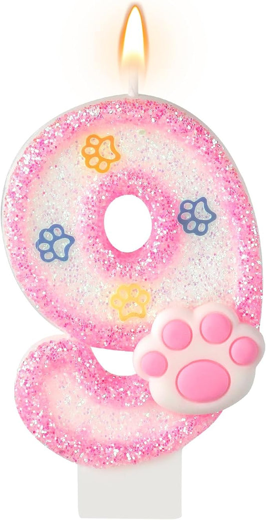 AKURIEEY Dog and Cat 9th Birthday Candle Pink Numbers 9 Candle Paw Cake Topper Cupcake Decorations for Pet Theme Party Decor Anniversary Celebrations Supplies