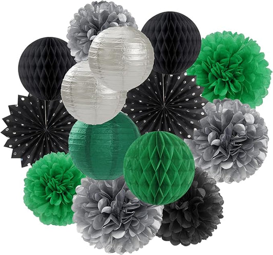 Black-Green Silver Party-Decorations Streamers Lanterns - 14pcs Graduation 2026 Paper Lanterns Fan,Tissue Pom Poms Streamer,Honeycomb Balls,Soccer Supplies Men Boys Birthday Baby Shower Decor Ouruola