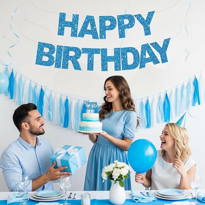 BEISHIDA Happy Birthday Banner - Pre-Strung No DIY Birthday Decorations - Happy Birthday Sign - Birthday Banner for Women, Kids - Backdrop Sky Blue