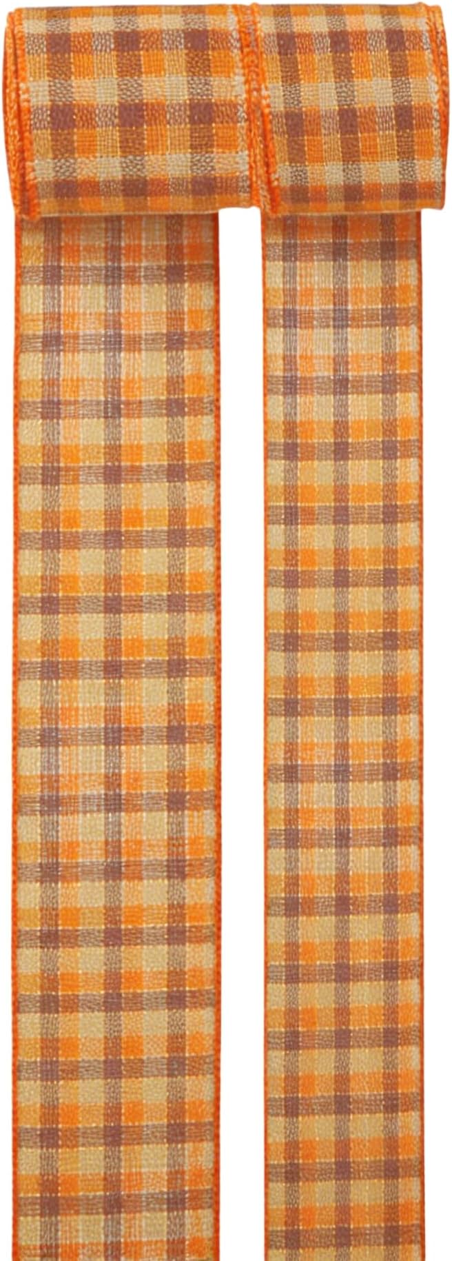 Meseey 2.5 Inch & 1.5 Inch Total 20 Yards Orange Brown Plaid Wired Ribbon, Fall Buffalo Plaid Wired Edge Ribbon for Big Bows, Wreaths, Gift Wrapping, Thanksgiving & Halloween Decor(Brown/Orange)