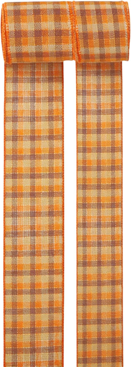 Meseey 2.5 Inch & 1.5 Inch Total 20 Yards Orange Brown Plaid Wired Ribbon, Fall Buffalo Plaid Wired Edge Ribbon for Big Bows, Wreaths, Gift Wrapping, Thanksgiving & Halloween Decor(Brown/Orange)