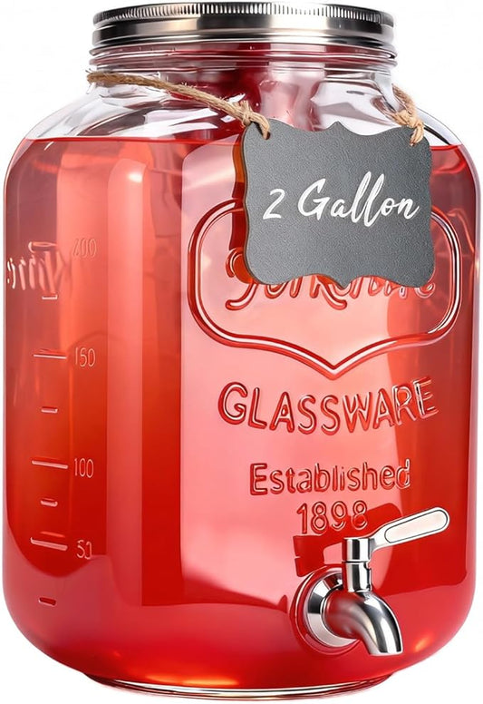 2 Gallon Glass Drink Dispenser For Parties,Beverage Dispenser,Lemonade Dispenser with 304 Stainless Steel Spigot Leakproof for Sun Tea, Picnic,Homemade Juice