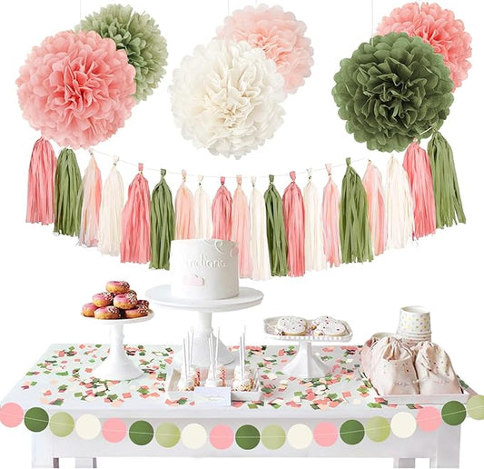 Wedding Party Decorations, 27 PCS Pink Sage Green Tissue Paper Pom Poms, Circle Dots Garland Paper Tassels Hanging Decor for Baby Shower Bridal Shower Engagement Birthday Party Supplies