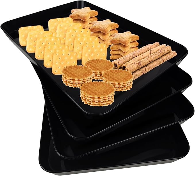 4 pcs 16" x 11" Large Serving Trays for Party Supplies, Plastic Platters for Serving Food, Unbreakable Reusable Trays for Snack, Fruit, Cookies, Desserts in Kitchen, BPA Free, Black