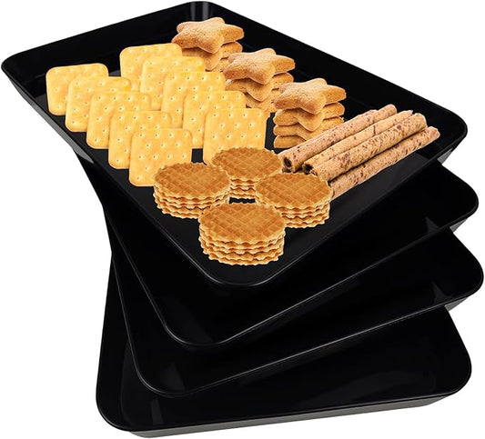 4 pcs 16" x 11" Large Serving Trays for Party Supplies, Plastic Platters for Serving Food, Unbreakable Reusable Trays for Snack, Fruit, Cookies, Desserts in Kitchen, BPA Free, Black