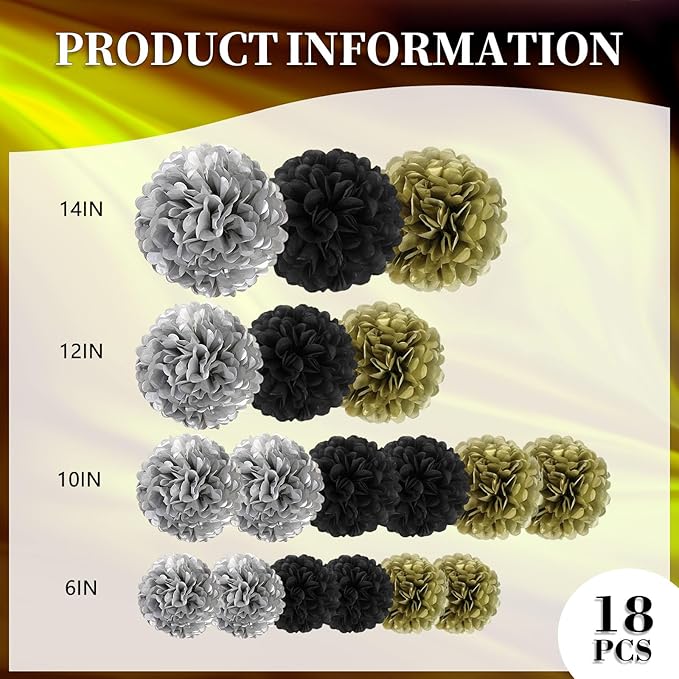 18 PCS Tissue Paper Pom Poms, Tissue Pom Poms Flowers, Sizes of 6", 10", 12", 14" Hanging Paper Flower Ball for Wedding, Birthday, Halloween, Christmas, New Years Party Decor (Black Gold Silver)