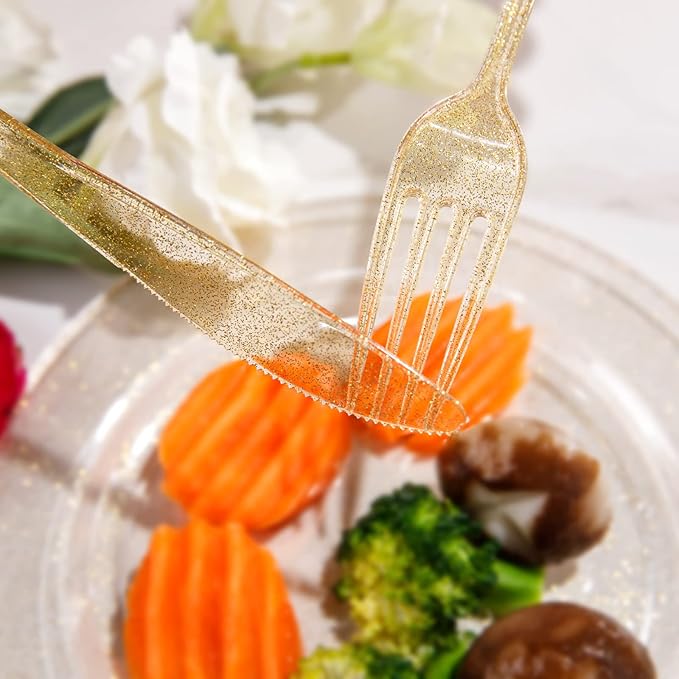 Supernal 300pcs Gold Glitter Plastic Silverware Set-Heavy Duty Disposable Gold Cutlery for Weddings, Parties Include 100 Forks, 100 Spoons & 100 Knives-Glitter Plastic Utensils for 100 Guests