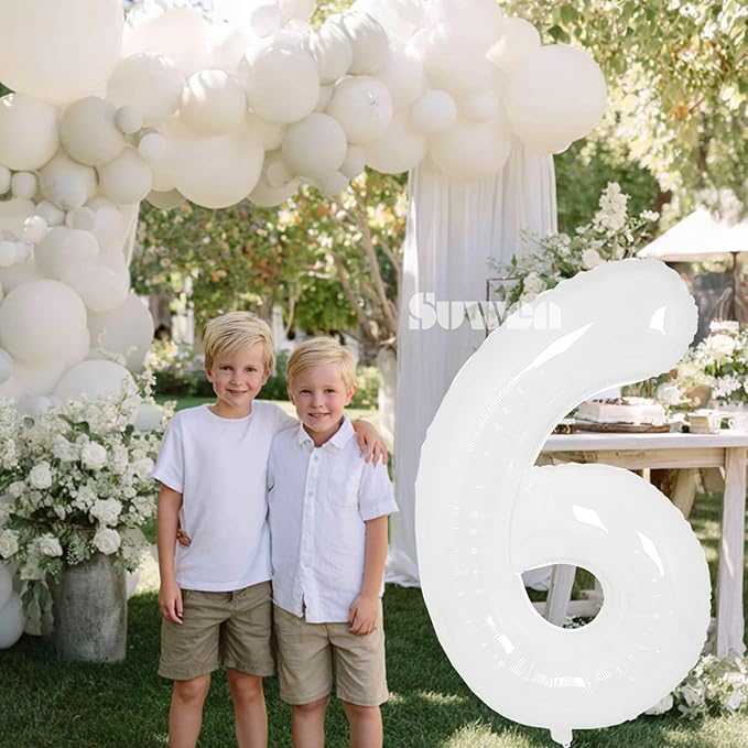 SUWEN 40 Inch White Large 6 Balloon Number Big Foil Helium Number Balloons 0-9 Giant Jumbo Happy 6th Birthday Party Decorations for Boy or Girl Huge Mylar Anniversary Party Supplies
